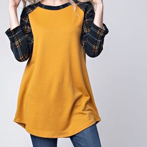 12 Pm by Mon Ami Mustard Baseball Tee Plaid Sleeve